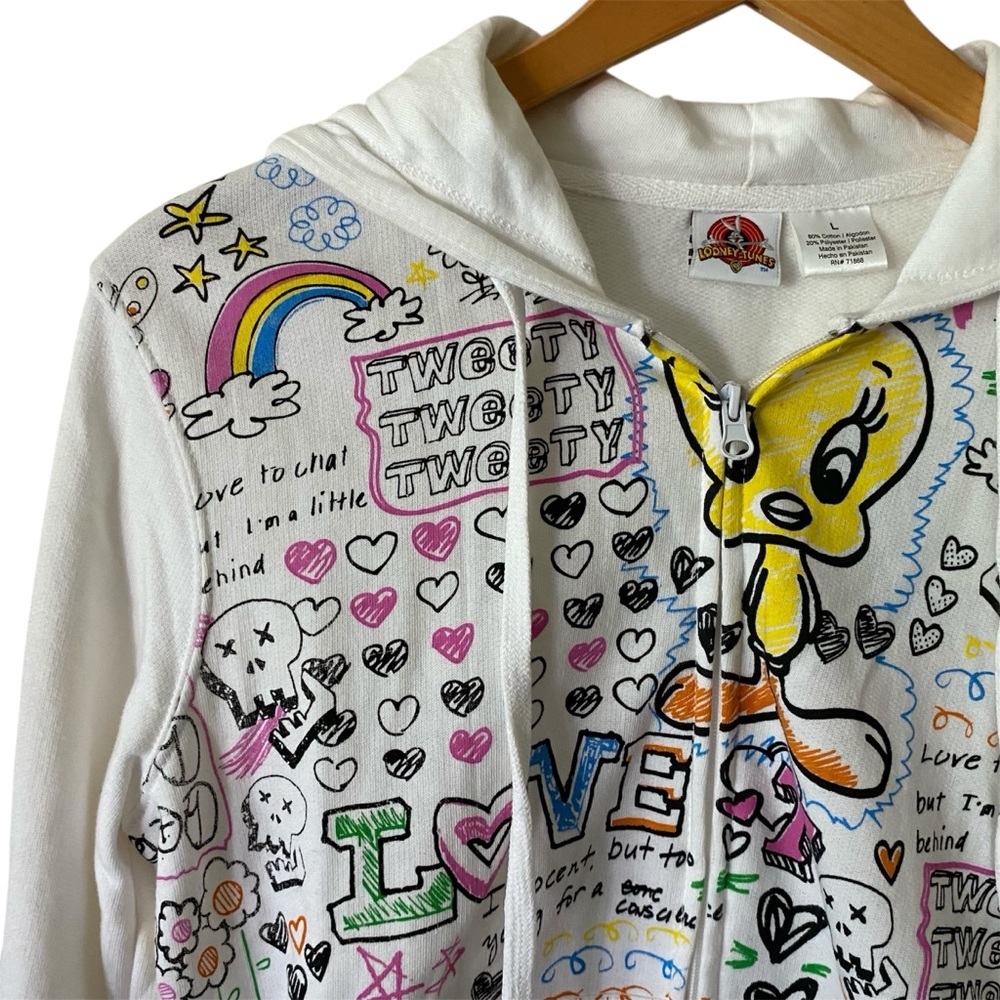 Vtg Looney Tunes Tweety Bird Y2K 90s Graffiti Retro Multicolor Zip Up Hoodie L - Picture 2 of 9